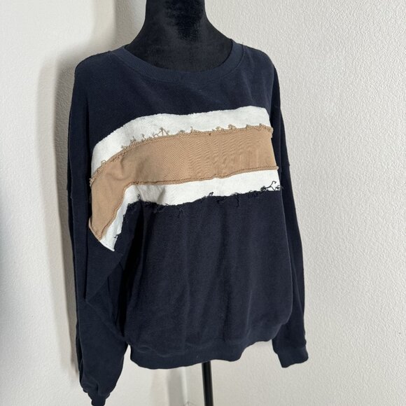 Aemi & Co Size L Frayed Colorblock Crew Neck Sweater Navy/Tan/White Cotton Blend - Picture 1 of 10
